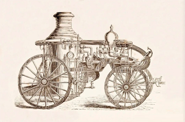 1829年英国人首次制成蒸汽机驱动的泵浦救火车