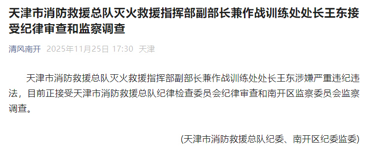 天津市消防救援总队灭火救援指挥部副部长兼作战训练处处长王东涉嫌严重违纪违法