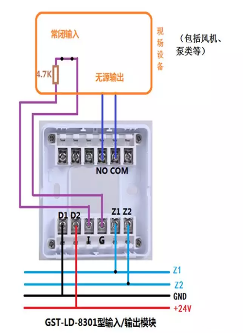 8301模块采用无源输出方式，输入端为无源常闭触点的接线方法