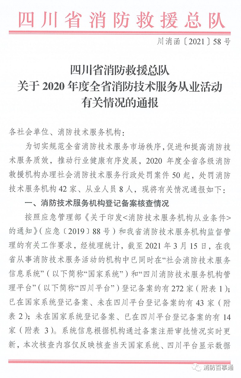 四川省消防救援总队关于2020年度全省消防技术服务从业活动有关情况的通报