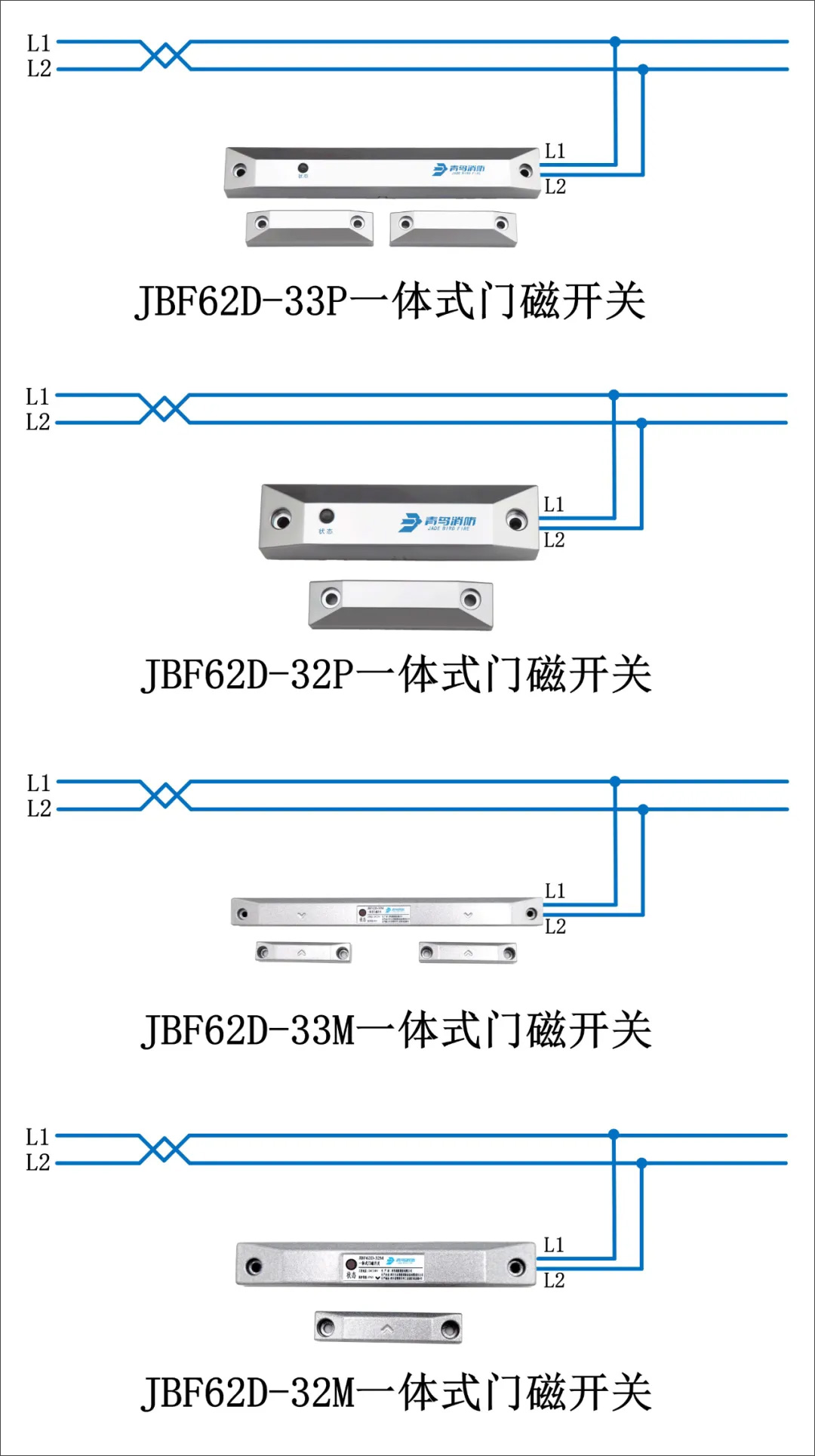 JBF62D-33P、JBF62D-32P、JBF62D-33M、JBF62D-32M一体式门磁开关接线