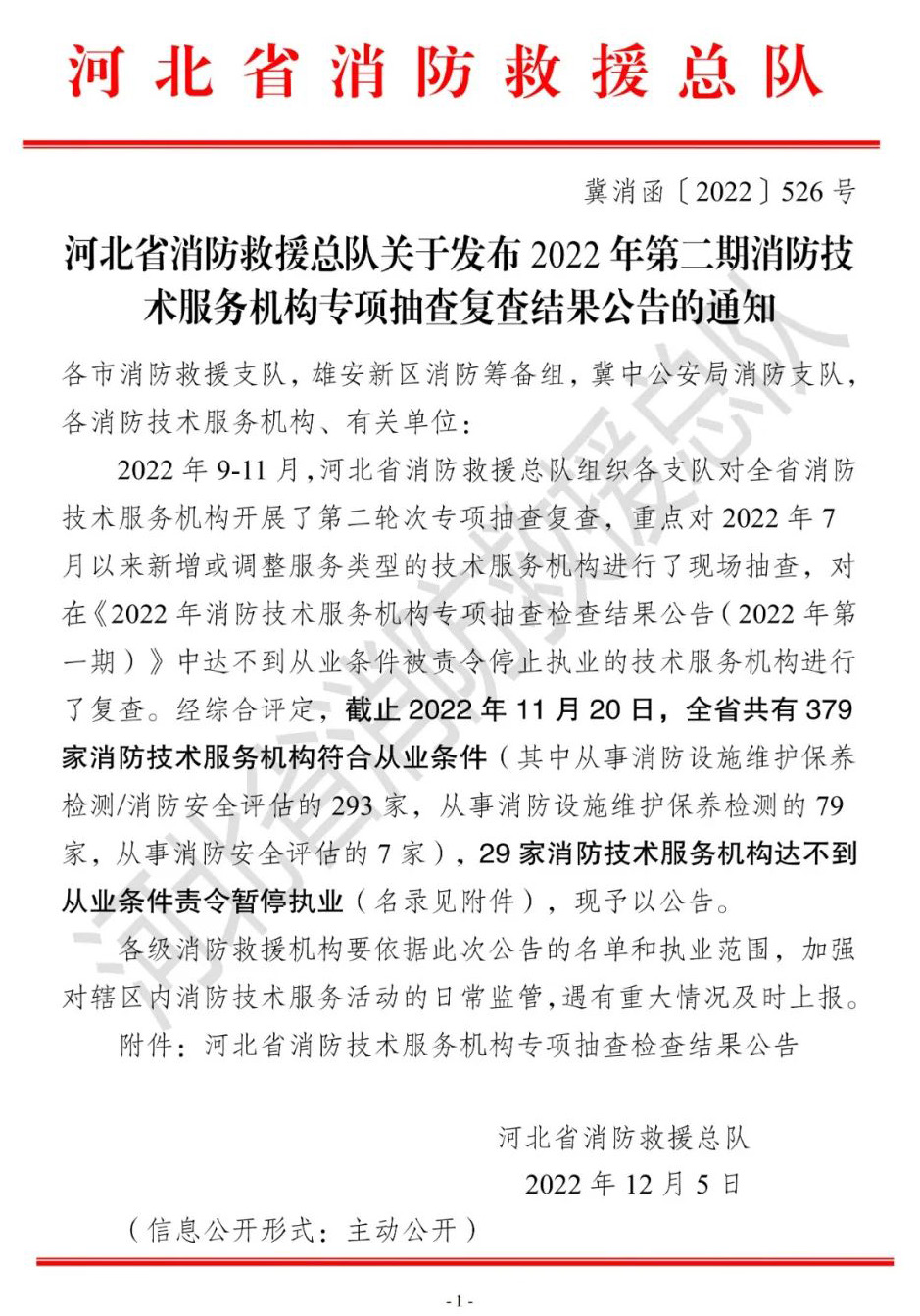 河北省消防救援总队关于发布2022年第二期消防技术服务机构专项抽查检查结果公告的通知