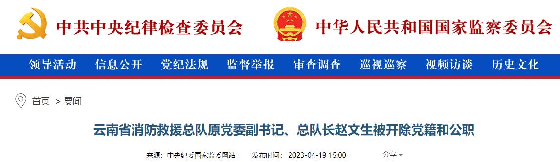 云南省消防救援总队原党委副书记、总队长赵文生被开除党籍和公职